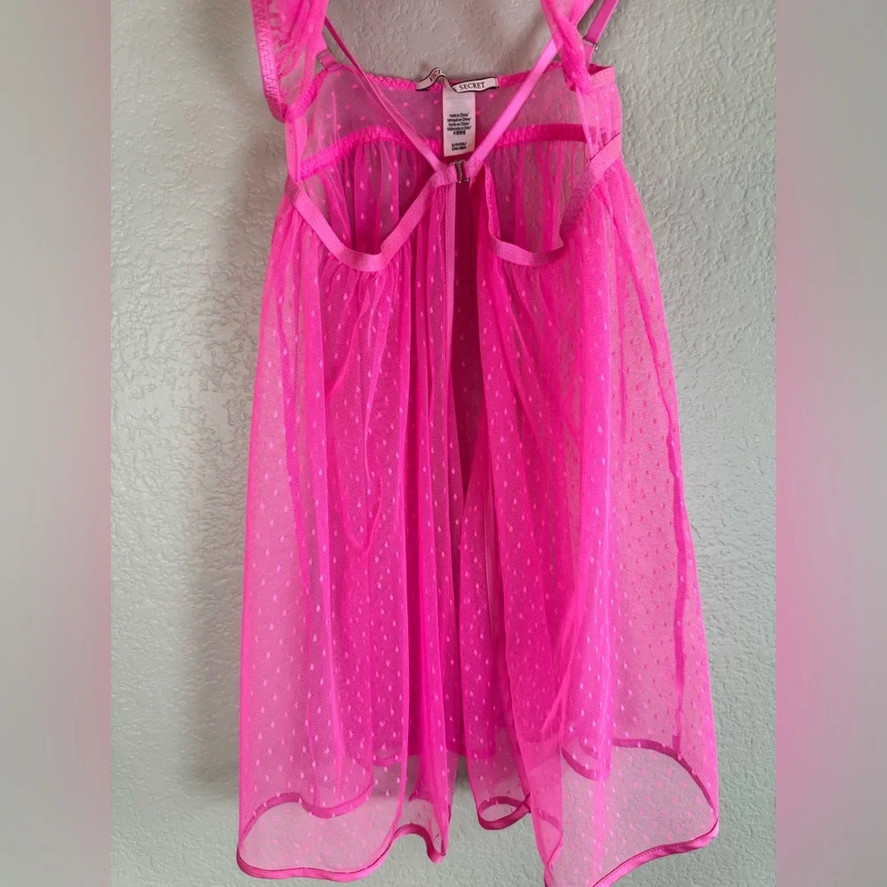 Victoria’s Secret Hot Pink Swiss Dot Sheer Mesh Babydoll Bow Tie Front $80 Small